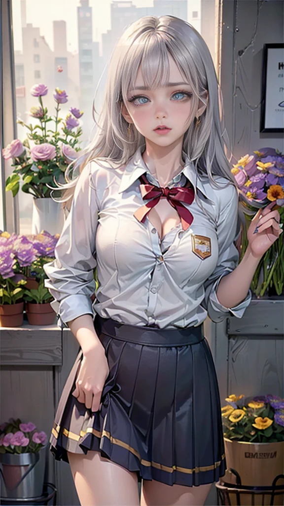 (Best Quality, 8k, High Definition, High Definition, Graphic:2.0), (Solo, One Girl:2.0), (Shot with Flash:1.9), (Brighten Subject:1.8), (Ultimate Beautiful Girl:2.0), (Glossy Skin), (Oily Skin), (Silver Hair Girl:1.5), (Long Hairstyles:1.5) (one aphtha hair on the top of her hair and red braid stop on the right side)(Cool Beauty:2. 0),(blush brown makeup , dark eye makeup , pink gloss lip),(patchy eyes:1.5),(droopy eyes:1.5),(blue eyes),(thin eyes:1.5),(baby face),(sexy),(sweet scent ),(photographed in front of a flower shop:1.8),(girl holding a white rose in a flower shop:1. 3),(she blushes very shyly),chuuChloe,(wearing a school uniform:1.5),(emphasis on cleavage)
