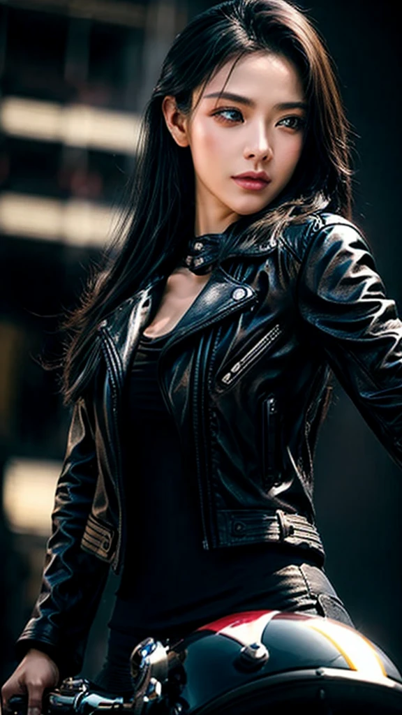 a girl riding a motorcycle while using a smartphone, detailed face and expression, beautiful detailed eyes, detailed hair, motorcycle riding, smartphone in hand, detailed leather jacket, detailed motorcycle, realistic, photorealistic, 8k, hyperdetailed, vibrant colors, dramatic lighting, dynamic composition, cinematic, masterpiece
