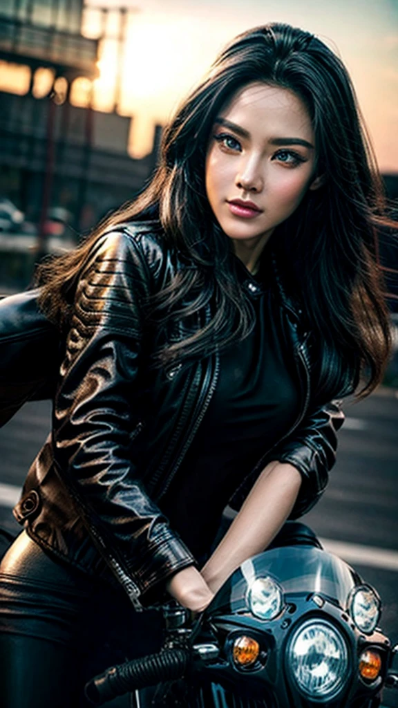 a girl riding a motorcycle while using a smartphone, detailed face and expression, beautiful detailed eyes, detailed hair, motorcycle riding, smartphone in hand, detailed leather jacket, detailed motorcycle, realistic, photorealistic, 8k, hyperdetailed, vibrant colors, dramatic lighting, dynamic composition, cinematic, masterpiece