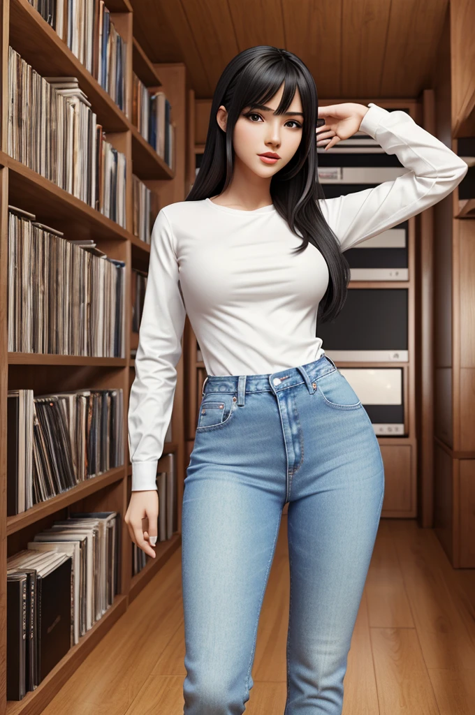 An animated animation 3d cartoon realistic female idol wearing a white shirt and jeans in records room singing 
