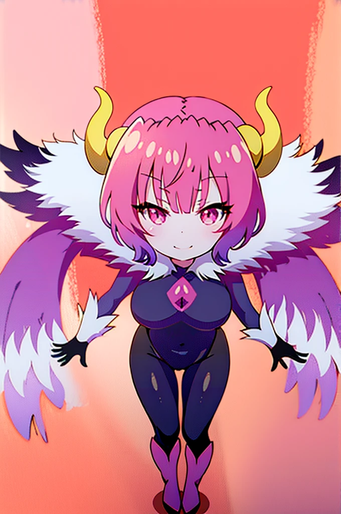 Draw a face carefully　High quality anime style faces　Super shiny skin　Black and purple leotard with red trim　Pink Pantyhose　Succubus　Lure　smile　Rear View