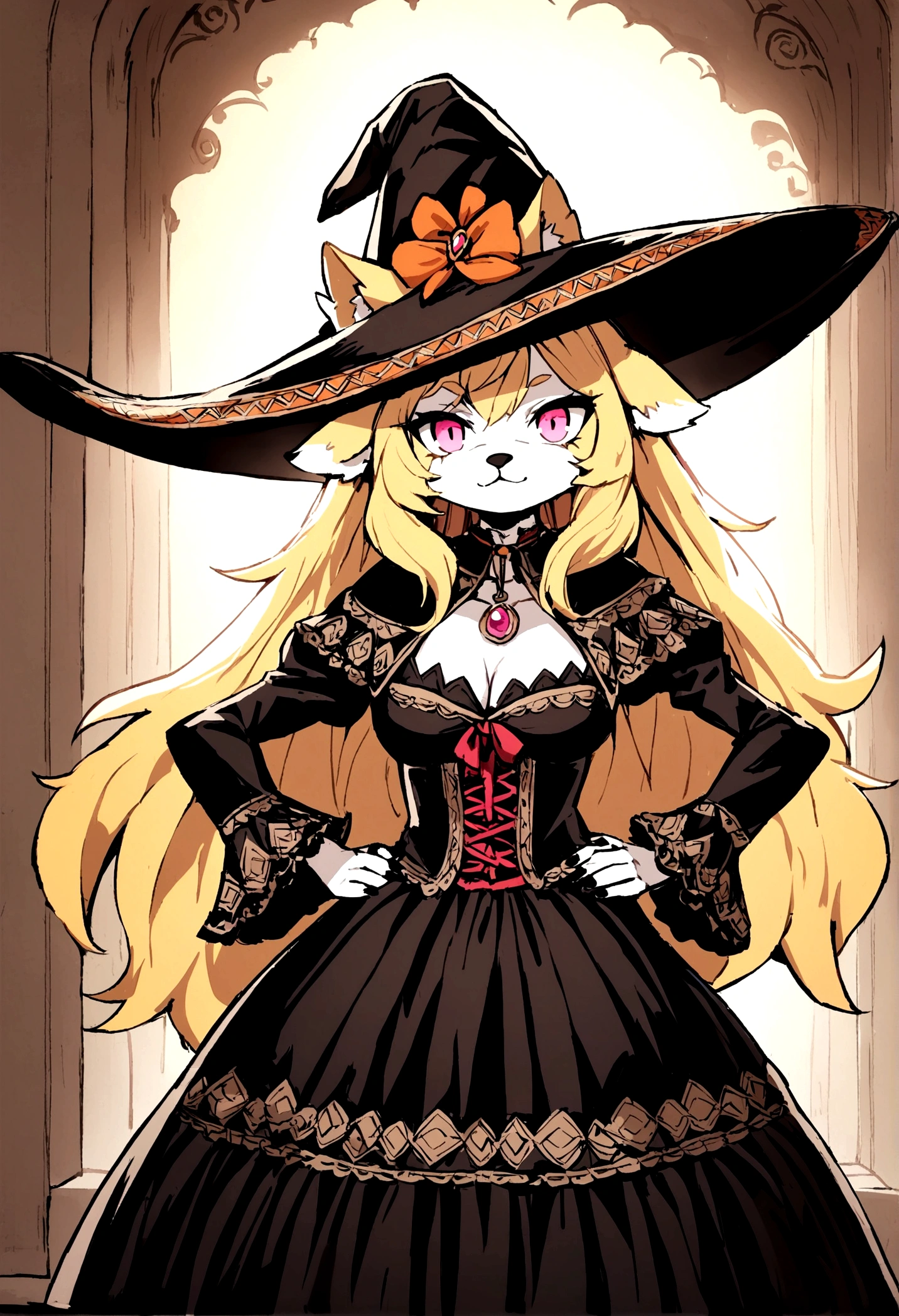 you use that promt and that's it:
Anime style furry fox witch with an orange hat and a huge chest, 1 girl, old, Alone, fox animal ears, sombrero, Witch hat, old grandes, hands on hips, neckline, long hair, looking at the viewer, black nails, ears through hat , blond hair, pink eyes, Delgado, high,fox nose in non-realistic anime style