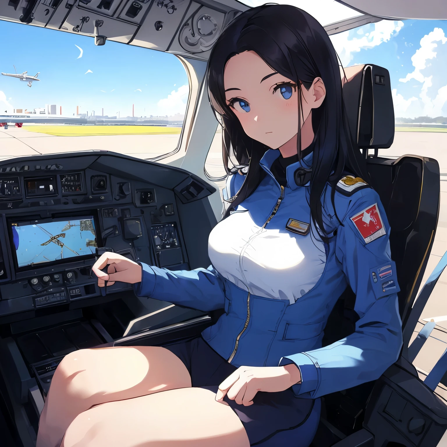 best quality, masterpiece, (独奏:1.2), (1 Female:1.2)、Age 25、(Female Pilots)、(Larger breasts)、Slender figure、(Sit in the retro cockpit of an airplane:1.3)、(Fidgeting with the cockpit levers:1.3)、(Flight Suit:1.3)、(White highlight in pupil:1.2)、Dark blue eyes、(Black-haired:1.2)、(long hair)、White skin、(blush)、(Serious expression)、(Half backlight)、(Blue sky and sea of clouds outside the window)