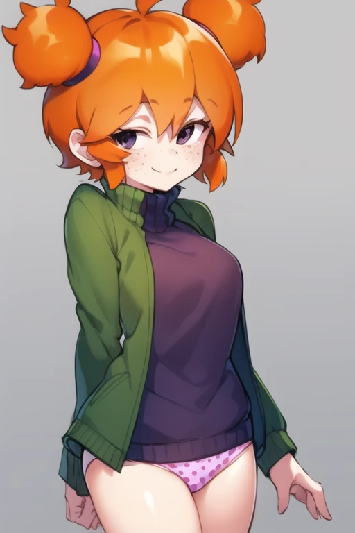 DSideGF, 1girl, light smile,  orange hair, solo, jacket, shirt , freckles, black eyes, twintails, short twintails , purple polka dotted panties, green jacket , short hair, long sleeves, open clothes, sweater,