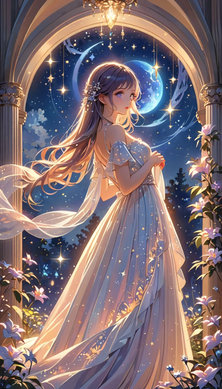 (best quality,4k,8k,highres,masterpiece:1.2),A girl standing alone under the starry night sky, with her silhouette illuminated by the soft moonlight and twinkling stars. Her face is beautifully detailed, with mesmerizing eyes that seem to reflect the universe itself, long and fluttering eyelashes, and exquisitely defined lips. She is dressed in an elegant gown, flowing and ethereal, embracing her figure gracefully as it glimmers with a subtle celestial glow. The intricate details of her dress catch the faint starlight, creating a mesmerizing sparkle. The surrounding landscape showcases a serene garden, lush with vibrant foliage and colorful flowers. The air is filled with a gentle breeze, causing the leaves to rustle and the flowers to sway delicately. The garden is bathed in a warm, dreamy color palette, with hues of deep blues, purples, and hints of silver. The atmosphere is calm and tranquil, evoking a sense of peace and serenity. The artwork is of the highest quality, meticulously created with ultra-detailed brushstrokes and precise attention to every element. The texture and depth of the painting are breathtaking, with a sense of realism and photorealism that captures the awe-inspiring beauty of the night sky. The lighting is soft and diffused, casting a gentle glow over the entire scene, enhancing the magical ambiance. The girl's presence radiates a sense of mystery and wonder, as if she holds a secret connected to the celestial beings above. The overall composition evokes a feeling of timelessness and captures the essence of a StarSign, an artwork that embodies the celestial beauty and inner strength of a girl in harmony with the stars. (ai-generated:.25)