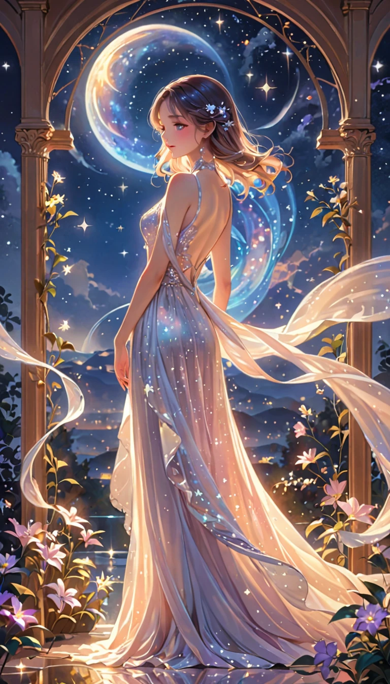 (best quality,4k,8k,highres,masterpiece:1.2),A girl standing alone under the starry night sky, with her silhouette illuminated by the soft moonlight and twinkling stars. Her face is beautifully detailed, with mesmerizing eyes that seem to reflect the universe itself, long and fluttering eyelashes, and exquisitely defined lips. She is dressed in an elegant gown, flowing and ethereal, embracing her figure gracefully as it glimmers with a subtle celestial glow. The intricate details of her dress catch the faint starlight, creating a mesmerizing sparkle. The surrounding landscape showcases a serene garden, lush with vibrant foliage and colorful flowers. The air is filled with a gentle breeze, causing the leaves to rustle and the flowers to sway delicately. The garden is bathed in a warm, dreamy color palette, with hues of deep blues, purples, and hints of silver. The atmosphere is calm and tranquil, evoking a sense of peace and serenity. The artwork is of the highest quality, meticulously created with ultra-detailed brushstrokes and precise attention to every element. The texture and depth of the painting are breathtaking, with a sense of realism and photorealism that captures the awe-inspiring beauty of the night sky. The lighting is soft and diffused, casting a gentle glow over the entire scene, enhancing the magical ambiance. The girl's presence radiates a sense of mystery and wonder, as if she holds a secret connected to the celestial beings above. The overall composition evokes a feeling of timelessness and captures the essence of a StarSign, an artwork that embodies the celestial beauty and inner strength of a girl in harmony with the stars. (ai-generated:.25)