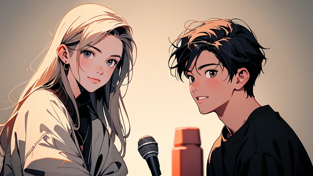 2D illustration, アニメ, Manga style, whole body,ASİAN, Bishamon from noragami, ((lol: 1.2 + Galen: 1.3), realistic art style), HD, Two man and one woman on stand up comedy. While , teenager, and adult watching them with happy and laughing face