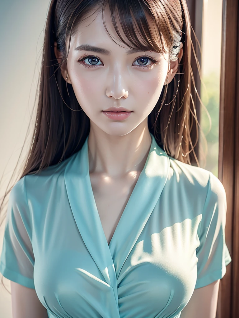 a cute woman, 8K, beautiful detailed eyes, upper body, beautiful detailed lips, extremely detailed eyes and face, long eyelashes, slender body, thin face, delicate features, flawless porcelain skin, glistening sweat, realistic, office lady outfit, one-person viewpoint, Fuji Film, F/1.2, masterpiece, nffsw, super detail, high quality, best quality, high resolution, mole under right eye, arms crossed