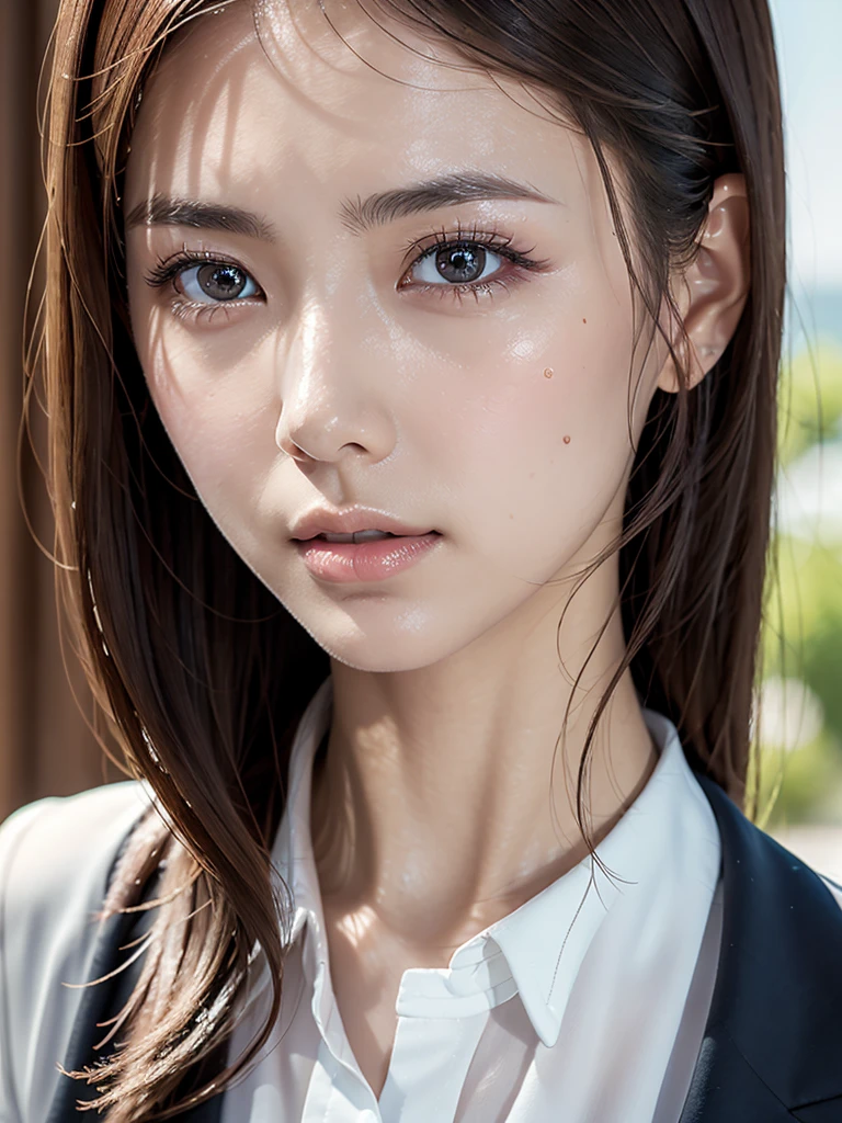 a cute woman, 8K, beautiful detailed eyes, upper body, beautiful detailed lips, extremely detailed eyes and face, long eyelashes, slender body, thin face, delicate features, flawless porcelain skin, glistening sweat, realistic, office lady outfit, one-person viewpoint, Fuji Film, F/1.2, masterpiece, nffsw, super detail, high quality, best quality, high resolution, mole under right eye, arms crossed