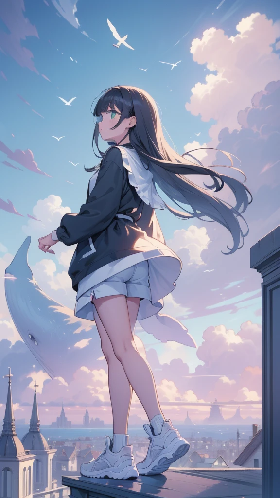 masterpiece, Exquisite detail,Highest quality, One girl, alone, handrail, cloud, Looking up at the buildings,Long Hair, NULL, Long sleeve, sneakers, Power lines, White footwear, Black Hair, View your viewers, Electric pole, bangs, cloudy NULL, fish, bird, Green Eyes, Shorts, Day, Black Shirt, barefoot,Whale flying in the sky,Giant whale