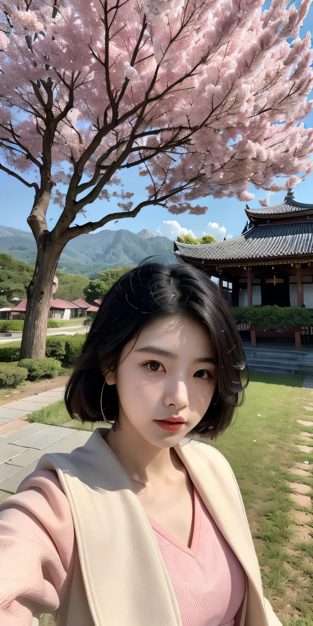 (best quality, masterpiece),(1girl, miko, coat, expression face, black eyes, looking at front ,black hair, walking, upper body), (night strray sky, huge old tree behind, falling glowing pink petals behind, shrine behind, mountain background, blowing wind, meteoric cloud)