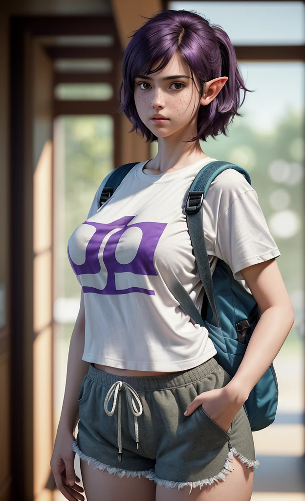(masterpiece), (extremely intricate:1.3), (realistic), portrait of a girl, huge and perfect breasts, the most beautiful in the world, dark eyebrows, bright purple hair, short very shaggy and messy hair, almond eyes, embarrassed expression, blushing heavily, freckles, (oversized baggy t-shirt), (sports shorts), (backpack), elf ears, pale skin, detailed textures, upper body, indoors, bright sunlight, classroom hallway, professional photograph of a stunning woman detailed, looking at the camera, alluring stare, detailed eyes, sharp focus, dramatic, award winning, cinematic lighting, octane render unreal engine, volumetrics dtx, (film grain, blurry background, blurry foreground, bokeh, depth of field, motion blur:1.3)