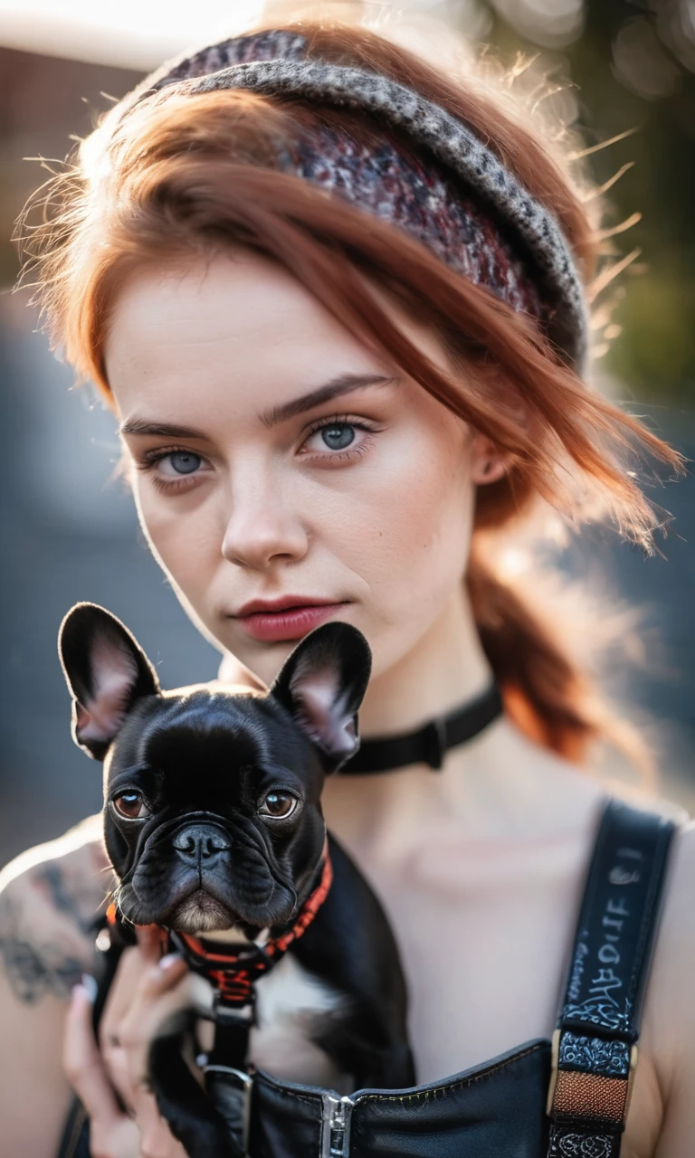 Thorough,analog style,eye focus,highest quality,(highly detailed skin),photo of an exquisitely beautiful pale skin punk Dutch girl,21yo,(wearing harness, and beanie),perfect face,alluring eyes,[seductive makeup],skin pores,(piercing:0.5), outdoor,(bokeh:0.6),sharp focus,dappled lighting,(backlighting:0.7),film grain,photographed on a Sony A7R IV,18mm F/1.7 cine lens,(highly detailed, intricately detailed),8k,HDR,seductively posing,front view,(upper body:0.9), She Is caressing funny black french bulldog 