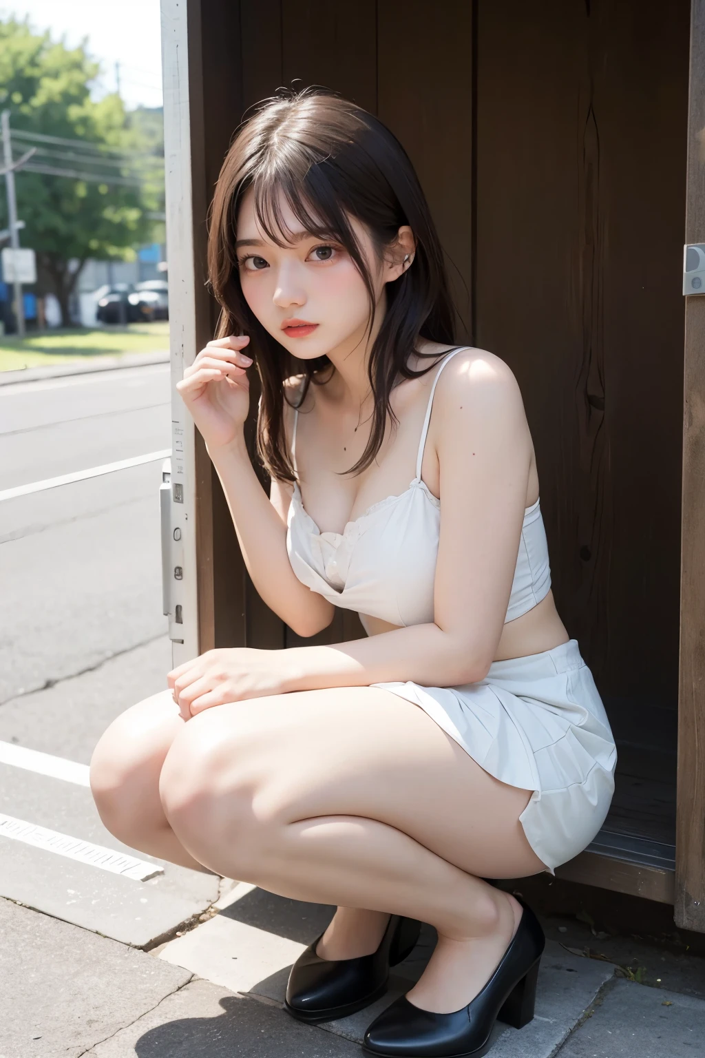 Beautiful Japanese idle, plump breast, squatting in railroad , from below,