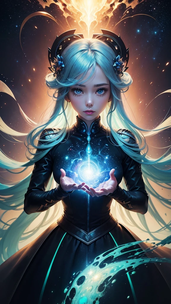 (masterpiece、Highest quality、beautiful:1.2)、(Super beautiful art:1.2)、(Realistic feel:1.3)、1 Girl、 (Sapphire blue round eyes、Long eyelashes)、Fair face、Glossy lip、The gaze is fixed on the galaxy、Transparent, shiny skin、Fair Hand、Agnes Cecil Style、Mysterious and enchanting atmosphere、Best Abstract Art、Surreal、A chaos of overlapping bright and transparent holographic colors of blue and green light.、Glowing particles scattering、(Thick and unstable strokes:1.2)、Spectacular galactic background