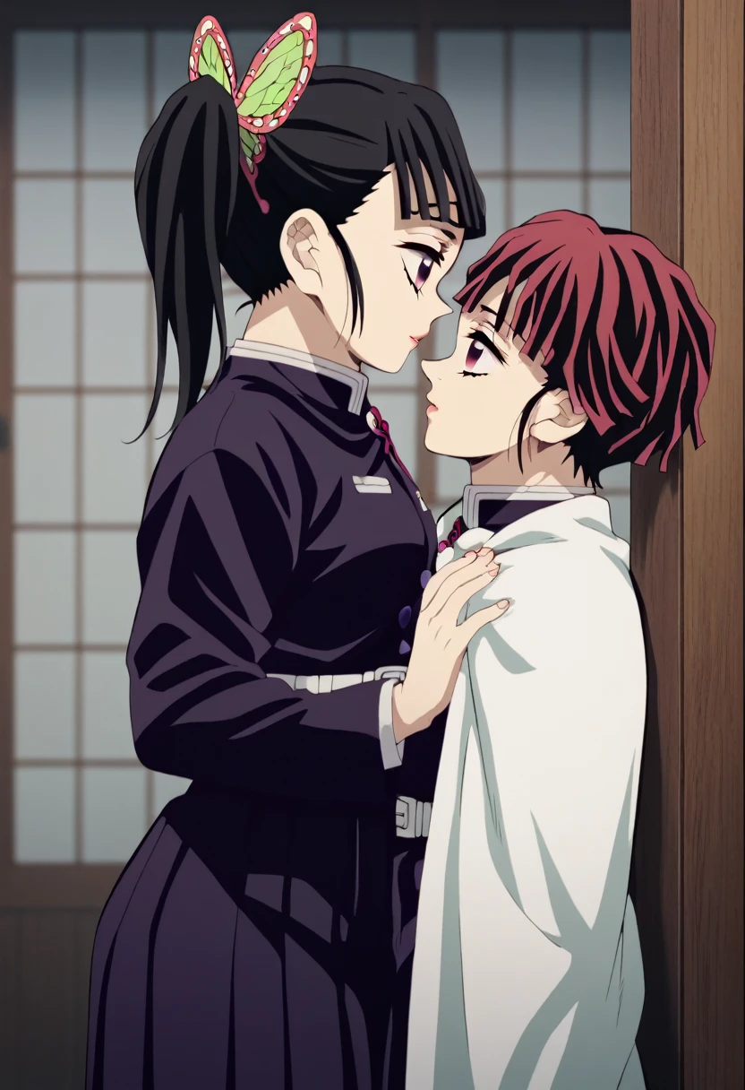 , 1girl, 1boy (tanjiro kamado, red hair, red eyes, checkered haori black/green), bowing down, against table, vaginal, breasts, open chest, kanao tsuyuri (demon slayer), purple eyes, black hair, butterfly hair ornament, demon slayer corps uniform,, side view,upskirt, kissing