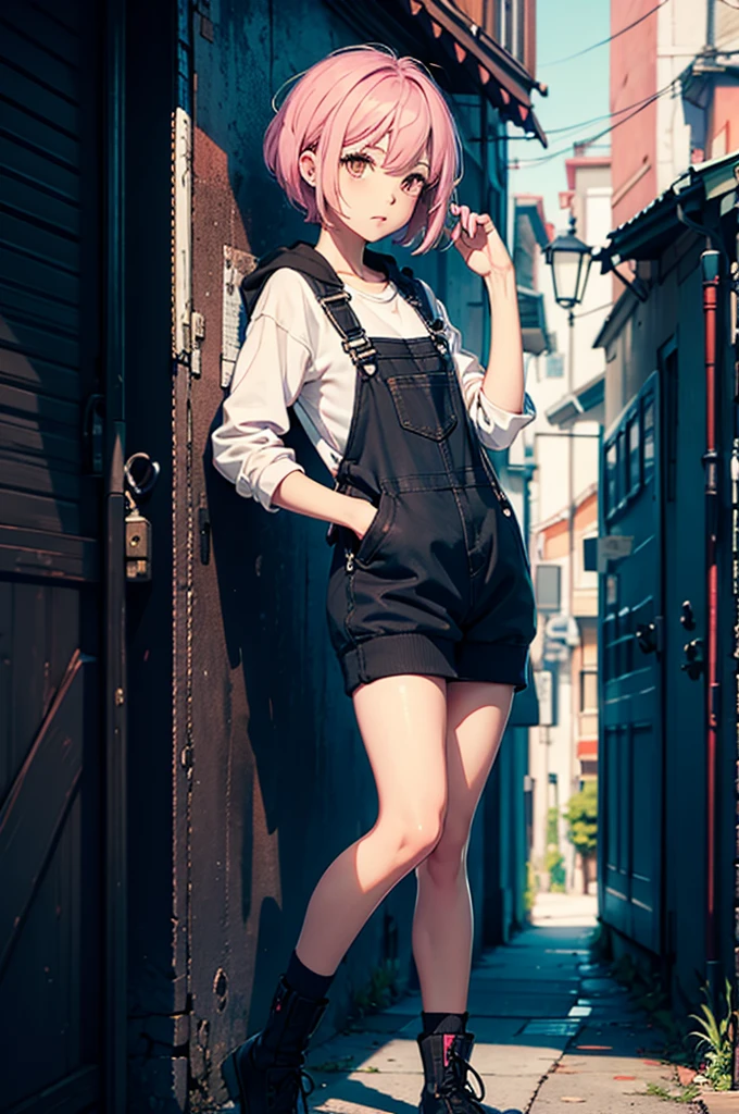 1girl, solo, hd, absurdres, anime style, 2d, digital art, solid color background, (short hair, ((pixie cut)) hair, messy hair, pink hair), wearing ((pink casual hoodie, ((black dungarees)) and short (skirt), and brown eyes iris))