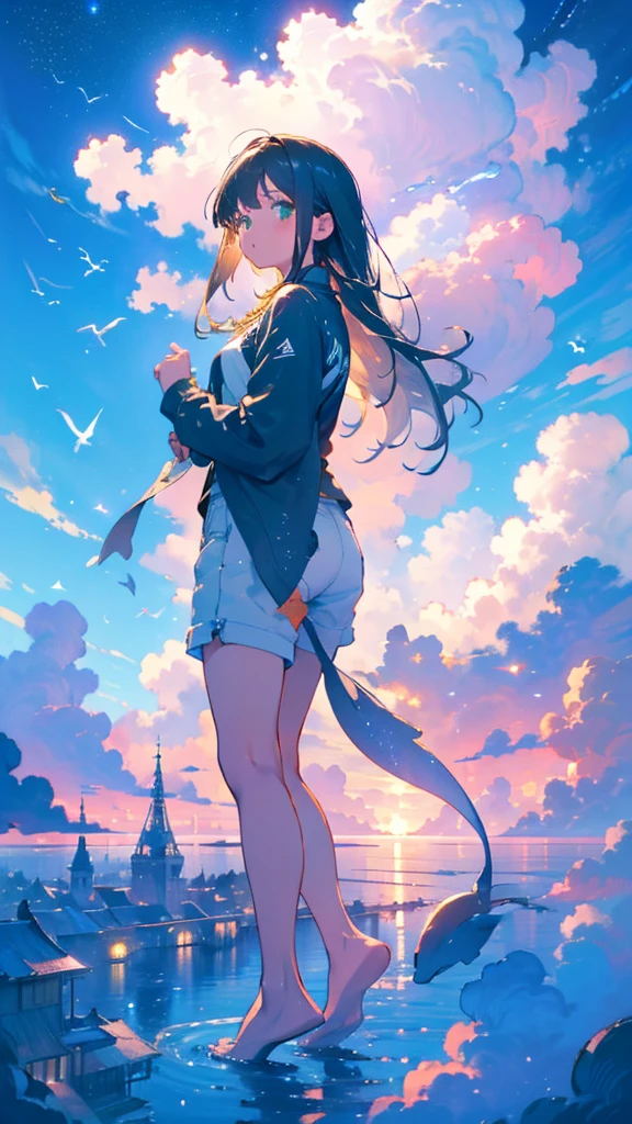 masterpiece, Exquisite detail,Highest quality, One girl, alone, handrail, cloud, Looking up at the buildings,Long Hair, zero, Long sleeve, Power lines, White footwear, Black Hair, View your viewers, Electric pole, bangs, cloudy zero, fish, bird, Green Eyes, Shorts, Day, Black Shirt, barefoot,Whale flying in the sky,Giant whale,night,Star,milky way,night,Pitch black,Buildings,立っている,bright,noon,sun,Shine,顔アップ,zoom up