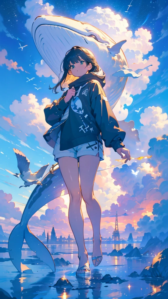 masterpiece, Exquisite detail,Highest quality, One girl, alone, handrail, cloud, Looking up at the buildings,Long Hair, zero, Long sleeve, Power lines, White footwear, Black Hair, View your viewers, Electric pole, bangs, cloudy zero, fish, bird, Green Eyes, Shorts, Day, Black Shirt, barefoot,Whale flying in the sky,Giant whale,night,Star,milky way,night,Pitch black,Buildings,立っている,bright,noon,sun,Shine,顔アップ,zoom up