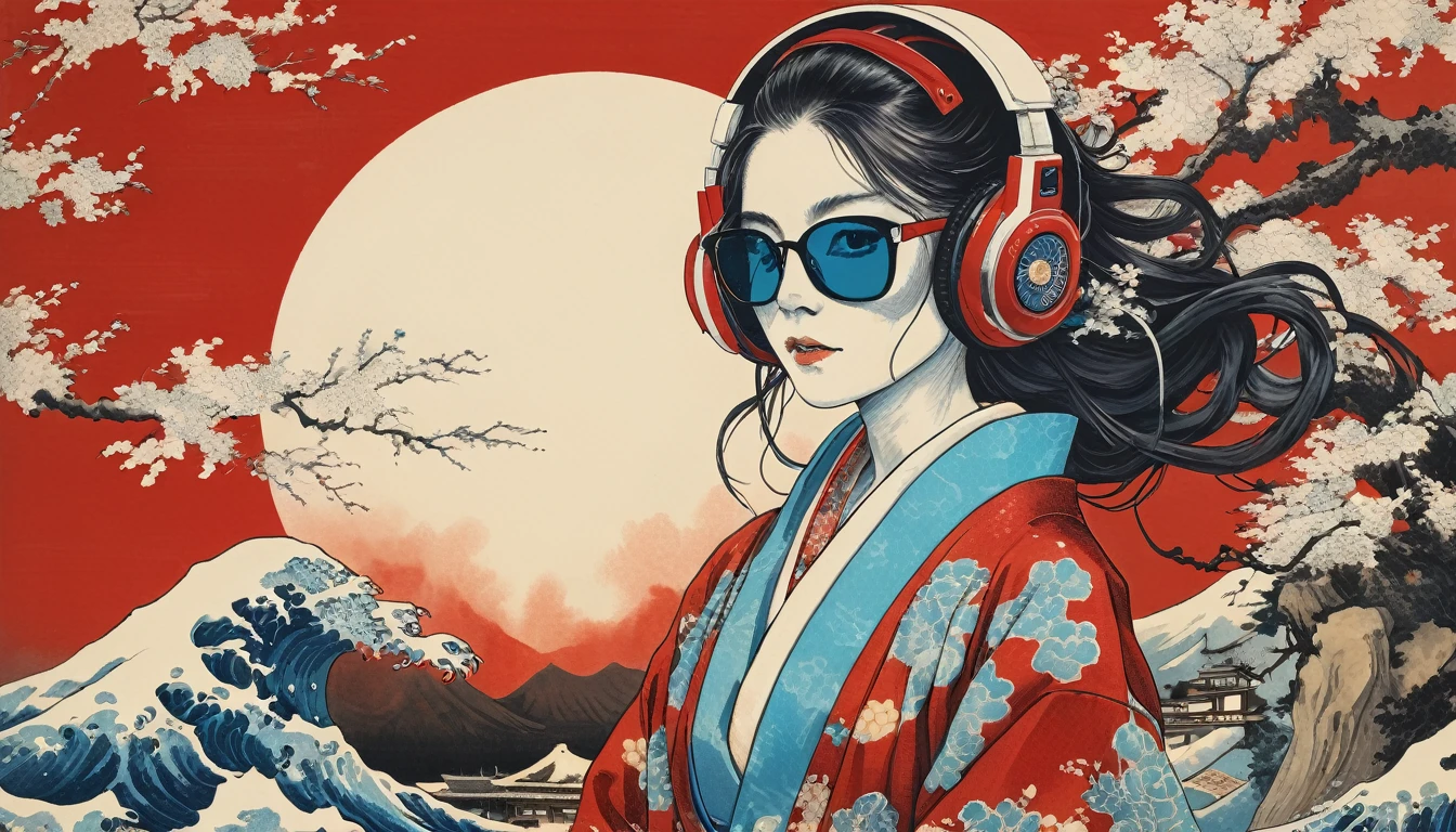 Horror elements, A female skeleton with long hair wearing a flashy kimono, Sunglasses with light blue lenses, Katsushika Hokusai, Ink Painting, Japanese style headphones, karate, Modern ukiyo-e style, Red Eyes