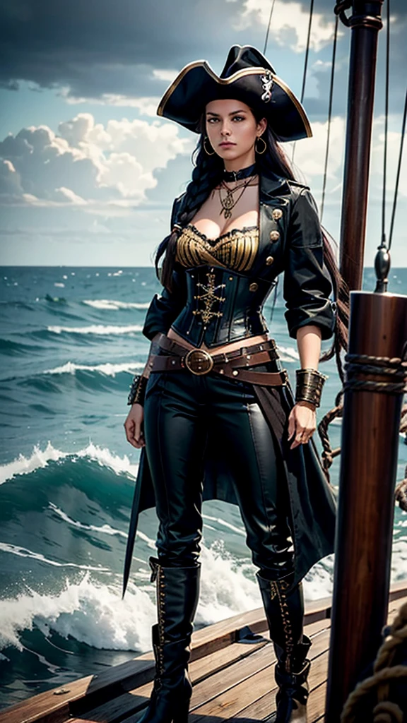

**Character Description:**
- **Appearance:** The pirate woman stands confidently, exuding authority and fierceness. She has long, wind-tousled dark hair, possibly with a few braids adorned with beads or small trinkets. Her eyes are piercing, reflecting both wisdom and a rebellious spirit.

- **Outfit:** She wears a classic pirate ensemble with a modern twist. Her coat is a rich, deep red or black, with gold buttons and trim, billowing slightly in the wind. Underneath, she has a white blouse with a ruffled collar, partially open to reveal a leather corset. Her trousers are fitted and tucked into knee-high, weathered leather boots. A wide-brimmed hat with a feather completes her look.

- **Accessories:** She is adorned with various pirate accessories – a leather belt with a gleaming sword sheathed at her side, a few gold necklaces, and hoop earrings. A pistol is tucked into her sash, and she might have a tattoo visible on her arm or chest, adding to her rogue persona.

- **Pose:** She stands with one foot on a ship's railing or a barrel, looking out over the horizon with a determined expression. One hand rests on the hilt of her sword, ready for action, while the other holds a telescope or a map.

**Background:**
- **Ships:** Behind her is a vast fleet of pirate ships, some anchored and others floating mid-air, creating a surreal and captivating scene. The ships vary in size and design, their sails emblazoned with pirate insignia, fluttering in the wind.

- **Scenery:** The atmosphere is smoky, with tendrils of mist and smoke swirling around the ships, adding a sense of mystery and danger. The sky is overcast, with dark clouds looming, enhancing the dramatic effect. The sea is slightly turbulent, waves crashing against the hulls of the ships.

This pirate woman stands as a formidable and captivating figure, commanding respect and awe in her smoky, ship-filled domain.