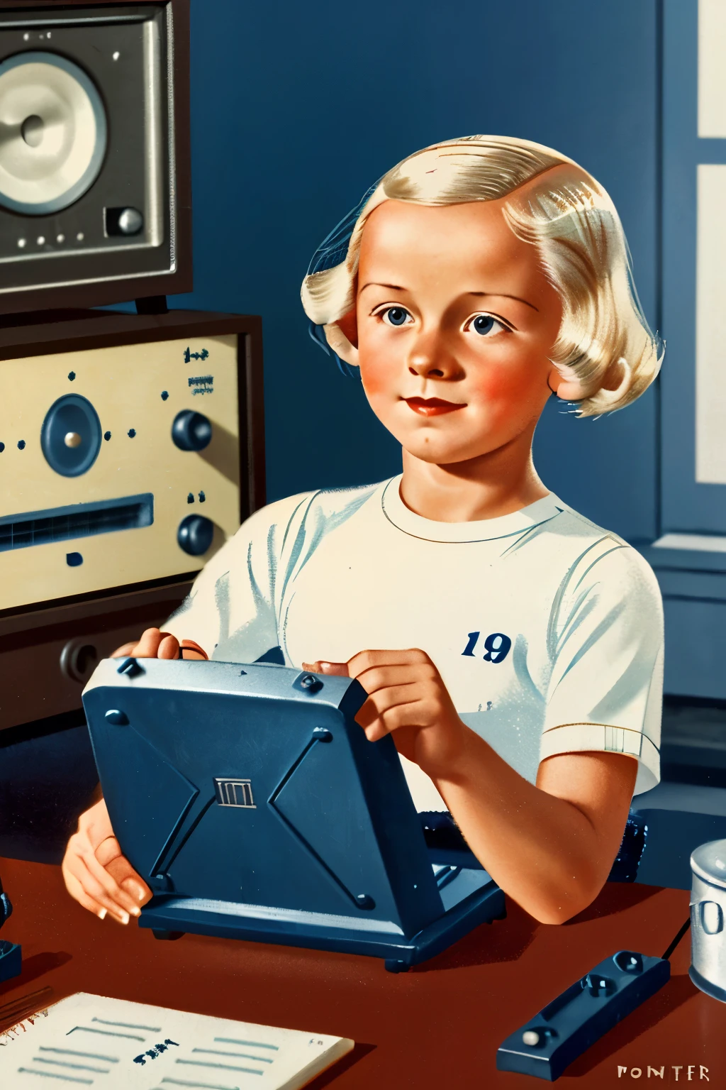 Zollverein, 1938. A little ((((12-year-old)) Werner Pfennig)), young boy, orphanage, listening to the radio, ((((clothings from the 1930s)))), ((platinum blonde hairstyle of the 1930s))