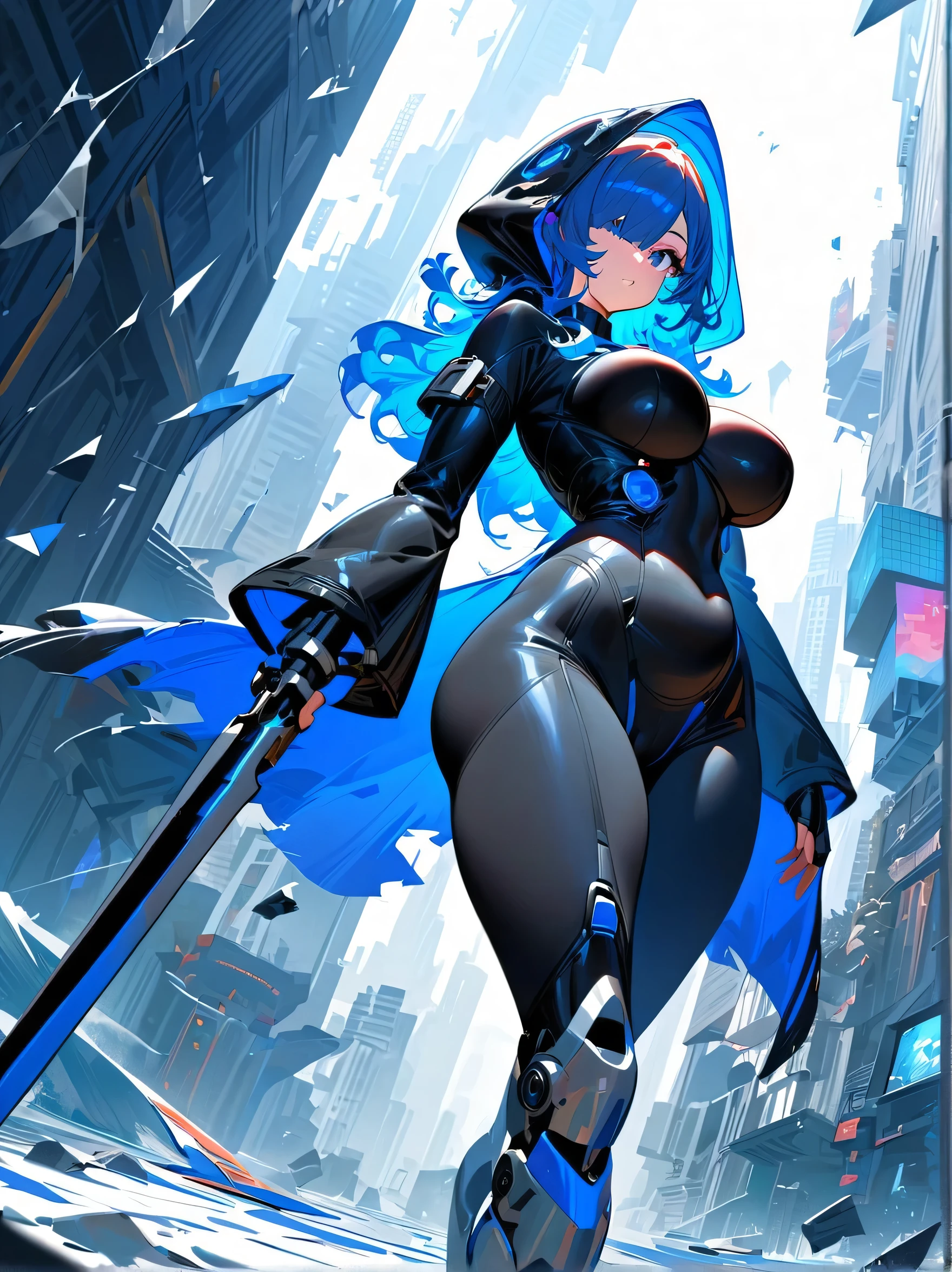 Masterpiece,Impasto,Cinematic,Niji journey,Niji,Dynamic angle,Looking at viewer,From front,Full body,Prism style,Broken world,Broken glass effect,Broken glass background,1girl,Solo,Hood up,Big hood,Black hooded coat,Black bodysuit,Black shirt,Black leggings,Mechanical boots,Mechanical weapons,Blue eyes,Gauze on face,Long sideburns,Medium hair,One big braided pigtail,Curly hair,Gray color hair,Hair over one eye,Beautiful breasts,Voluptuous,Plump,Chubby,Beautiful ass,Detail Background,Futuristic City,Light blue theme,Backlight,Warm tones,Tranquil,Soft light,Blue Sky,Cloud