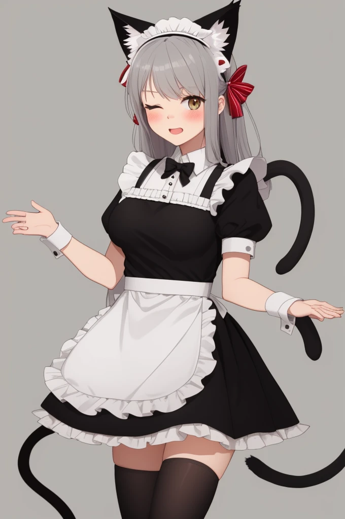 1girl, solo, long hair, breasts, looking at viewer, blush, bangs, simple background, thighhighs, white background, dress, bow, animal ears, very long hair, tail, short sleeves, grey hair, heart, frills, one eye closed, puffy sleeves, cat ears, apron, white thighhighs, two side up, puffy short sleeves, cat tail, animal ear fluff, wrist cuffs, maid, maid headdress, frilled dress, cat girl, pink dress, white apron, frilled apron, heart hands, d, cute_style