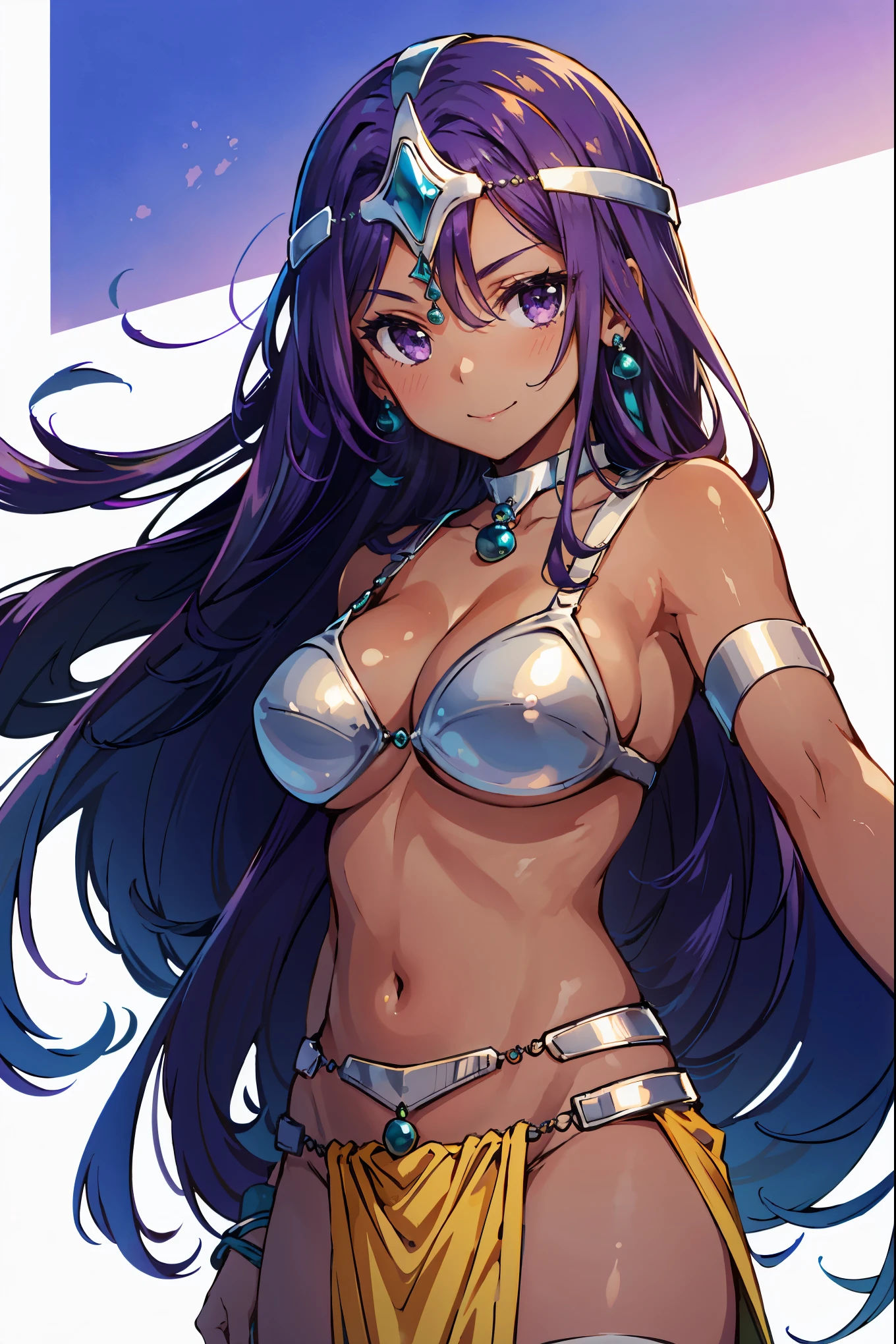 1girl, solo, dqManya, white background, cowboy shot, purple hair, bikini, loincloth, large breasts, cleavage, soft stomach, circlet, earrings, choker, bracelet, armlet, closed mouth, smile, blush