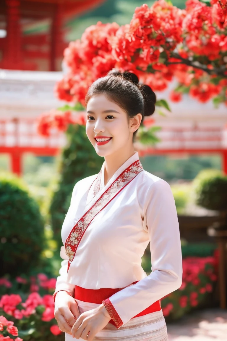 Full body image of a beautiful woman with a slender face Sharp eyes, light red lips, hair in a bun, cherry flowers behind the ears, gentle smile, large breasts, white and red Tai Khun outfit, beautiful and beautiful, the backdrop is a garden in a beautiful temple area.
