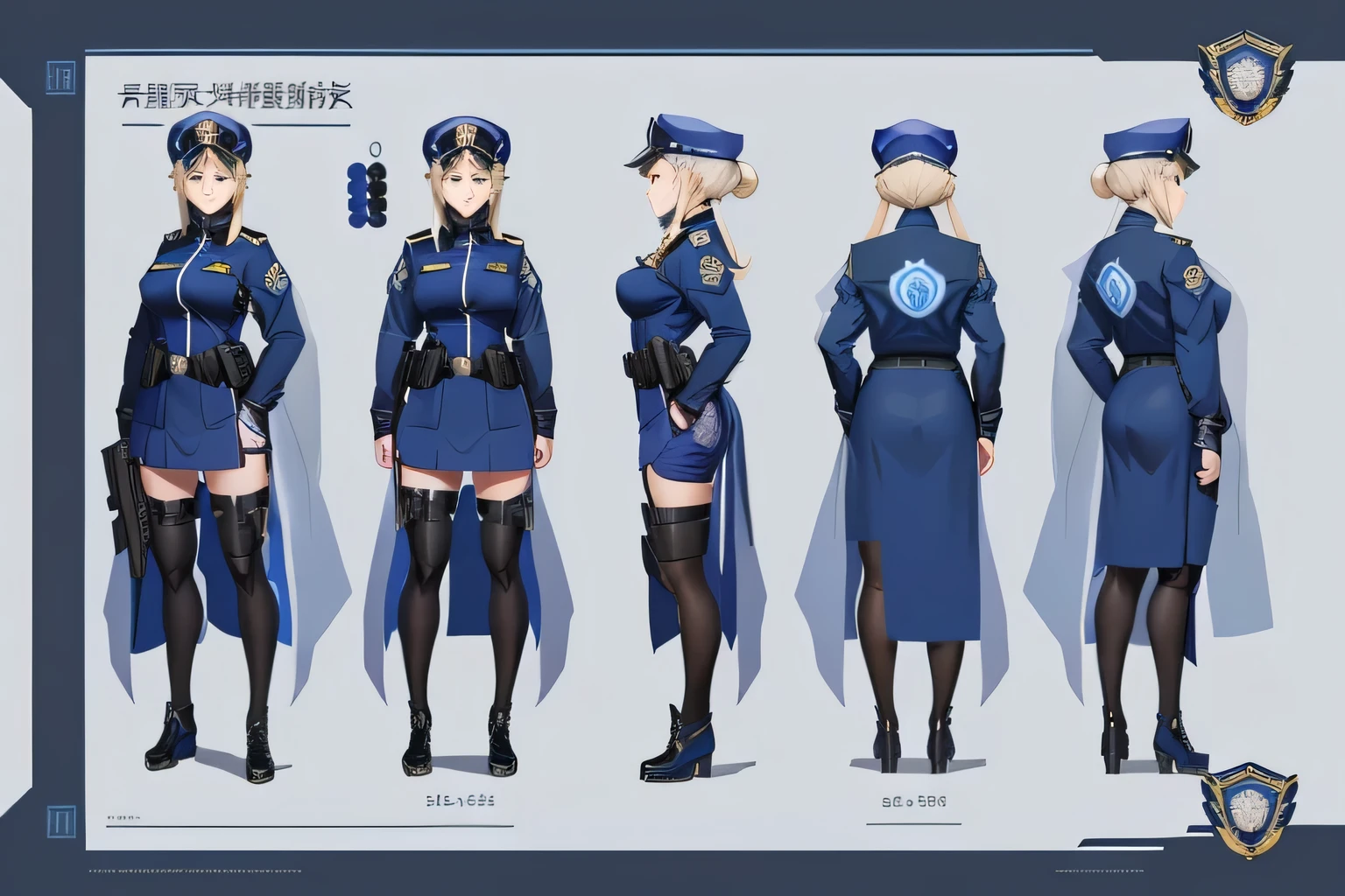 Anime character design of a female police officer in uniform, 8k Character Concept Art, 8 k Character Concept Art, Full body character design, anime character reference sheet, full body Character Concept Art, ( ( Character Concept Art ) ), Official Character Art, Anime character design, Actress 👀 :8, Full body concept art, Anime full body illustration