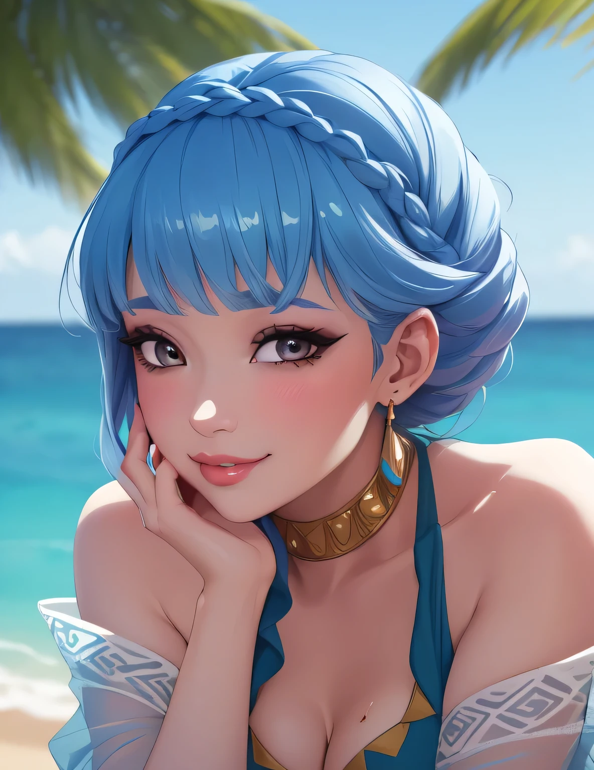 mariannebikini, crown braid, see-through, blue bikini, bikini bottom, sarong, bare shoulders, (masterpiece, best quality, 8k, HD, ultra-detailed), realistic style, beach 2.0, looking at viewer 2.0, blushing, beautiful eyes, facing camera 2.0, very sexy smile 2.0, very luscious lips 2.0, facing camera 2.0, very heavy eyeshadow 2.0, very heavy makeup 2.0, very thick lips 2.0, very glossy lips 2.0, very pouty lips 2.0, lustrous skin 2.0, shiny skin 2.0, very beautiful 2.0, very curvy 2.0, very sexy 2.0, very thick 2.0, skindentation 2.0, very sexy smile 2.0, very luscious lips 2.0, facing camera 2.0, face shot 2.0, very heavy eyeshadow 2.0, very heavy makeup 2.0, round face, very thick lips 2.0, very glossy lips 2.0, very pouty lips 2.0, lustrous skin 2.0, shiny skin 2.0, very beautiful 2.0, very curvy 2.0, very sexy 2.0, very thick 2.0, very gigantic lips 2.0, very sexy smile 2.0, very luscious lips 2.0, face shot 2.0, very heavy eyeshadow 2.0, very heavy makeup 2.0, round face, very thick lips 2.0, very glossy lips 2.0, very pouty lips 2.0, lustrous skin 2.0, shiny skin 2.0, very beautiful 2.0, very curvy 2.0, very sexy 2.0, very thick 2.0, very toned 2.0, very sexy smile 2.0, very luscious lips 2.0, face shot 2.0, very toned 2.0, very toned 2.0, very sexy smile 2.0, very luscious lips 2.0, wide hips 2.0, very gigantic thighs 2.0, very small waist 2.0, very thick thighs 2.0, face shot 2.0, very heavy eyeshadow 2.0, very heavy makeup 2.0, round face, very thick lips 2.0, very glossy lips 2.0, very pouty lips 2.0, lustrous skin 2.0, shiny skin 2.0, very beautiful 2.0, face shot 2.0, skindentation 2.0, very curvy 2.0, very sexy 2.0, very thick 2.0, very gigantic breasts 2.0, very sexy 2.0, very gigantic lips 2.0, very thick thighs 2.0, hourglass waist 2.0, face shot 2.0, very close up shot 2.0, face shot 2.0, very close up shot 2.0, face shot 2.0, very close up shot 2.0, face shot 2.0, light blue hair, very pale skin 2.0, very shy 2.0, very shy 2.0, face shot 2.0