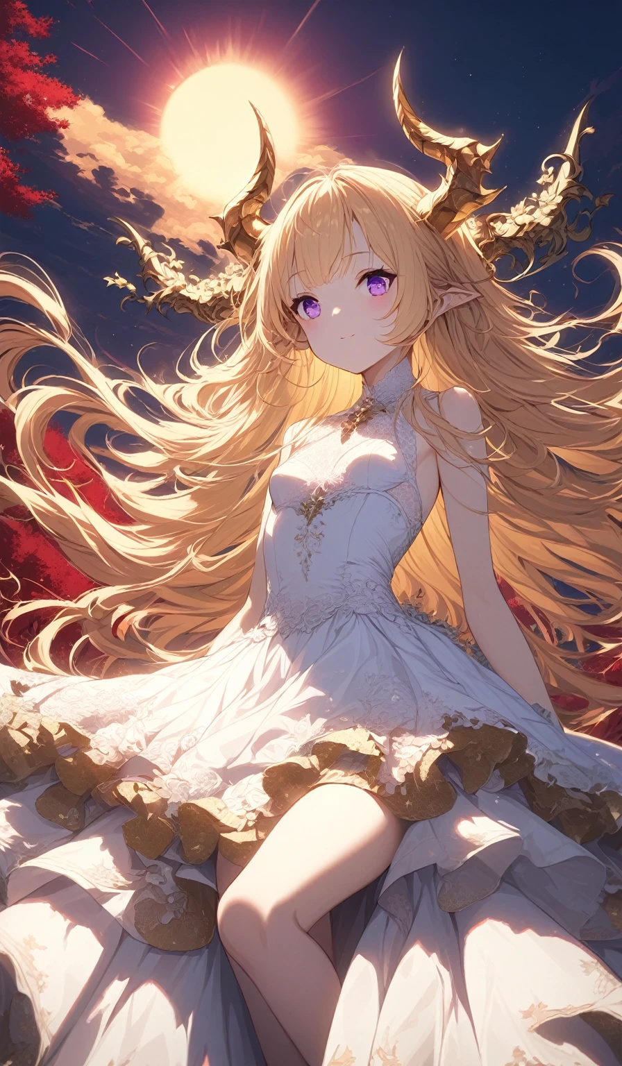 Masterpiece, very detailed, ultra detailed, alone, (1 girl), she is in a white lace and detailed dress, and in an elegant position, she is tall, childish style, long golden hair and parting on the sides, golden demonic horns, beautiful, charming, purple eyes, elegant, small breasts, kind face, charming, she stands against the background of red trees and the big sun.