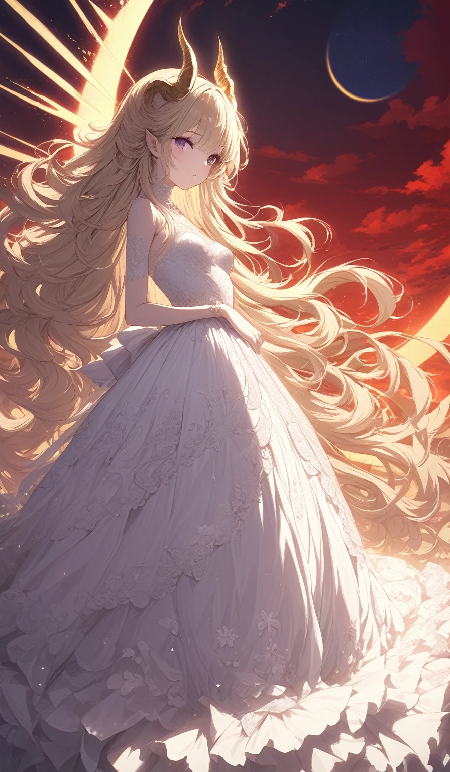 Masterpiece, very detailed, ultra detailed, alone, (1 girl), she is in a white lace and detailed dress, and in an elegant position, she is tall, childish style, long golden hair and parting on the sides, golden demonic horns, beautiful, charming, purple eyes, elegant, small breasts, kind face, charming, she stands against the background of red trees and the big sun.