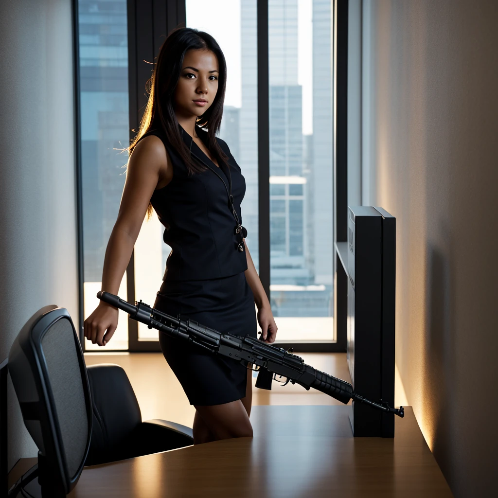 a female readhead receptionist at modern office holding an ak 47, dramatic lighting