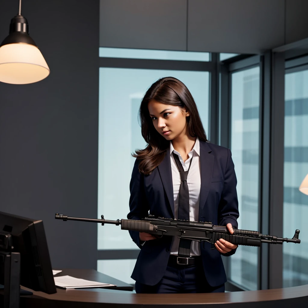 a female readhead receptionist at modern office holding an ak 47, dramatic lighting