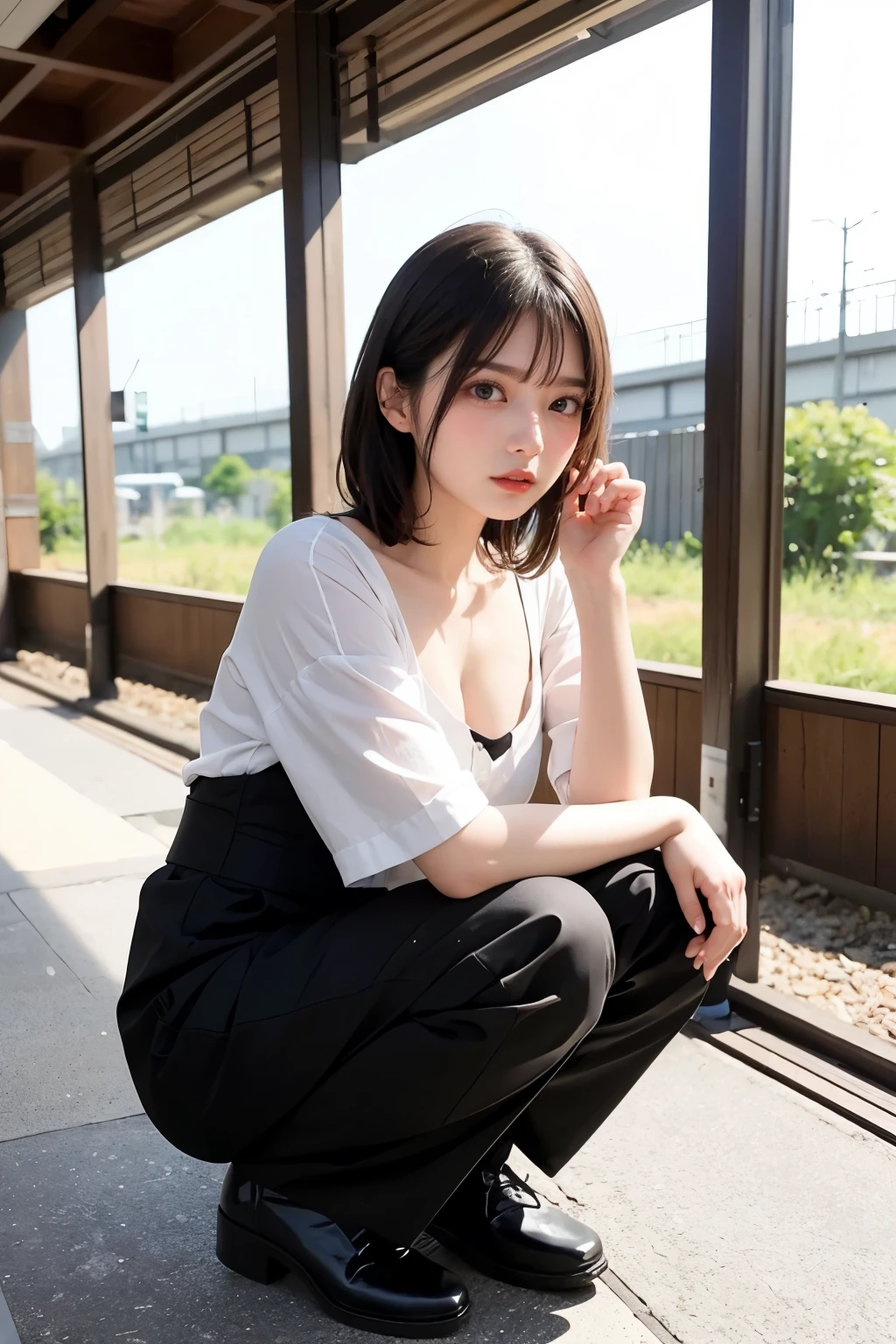 Beautiful Japanese idle, plump breast, squatting in railroad , from below,
