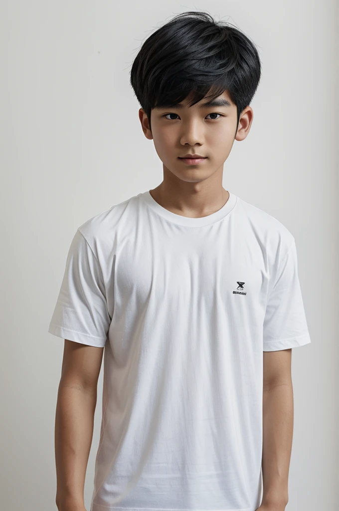 Drawing of a black-haired Asian boy wearing a white T-shirt