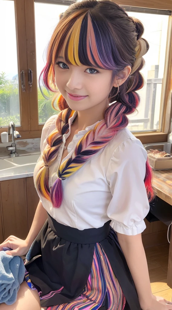 ((holding a large loaf of bread))、
12 year old girl、
Day本アイドル、

Cute Smile、
Lewd smile、　
Panting face、Pant voice、
Fluid organization:1.6), One beautiful girl with really wild hair, (Colorful wavy hair:1.2),( Two long braids:1.2), (Long wild hair:1.2), (Multicolored Hair: 1.9),Cute smile
Bakery Sales Staff、

Angle from directly below、
Low - Angle、スーパーLow - Angle、
apron、
blouse(See-through)、
はだけるblouse、
My shirt is open、
Open shirt、
hot pants、
ピンク色のhot pants、I can see a little underwear、Thighs、Butt、Beautiful buttocks、
I'm cleaning、
I'm wiping the floor.、Wipe the floor with a rag、
Bend over to clean、




clear、serious
Bakery Cafe、bread
Bakery clerk、Day本アイドル、

(masterpiece), (Highest quality:1.4), Absurd, [:Intricate details:0.2],  (View your viewers:1.2), Day,  reflection、
Reddish hair，Golden Student，enjoy，Moist，肉感Thighs，Slim figure，Moist, Glowing pink skin，transparent，Mature Woman，Affectionate expressions，情熱的に取り組んでいます

Day本アイドル(Ultra-detail), Cute princess dresses in black color,(frilly dress),(shortsleeves),blue eyes,The upper part of the body、a closeup、faces、(A smile:1.1),(facing front:1.2), 20yr old, s girl,no tail,(no tail),2d, ​masterpiece, top-quality, and souls, A detailed eye, A detailed face, girl with, Only 1 person,Silver-haired medium hair, (a blond),  Ear Hair, , Single braid, (Single braid), (Side braid), Pink ribbon, Ribbon around the neck, (White sleeves), Background bokeh