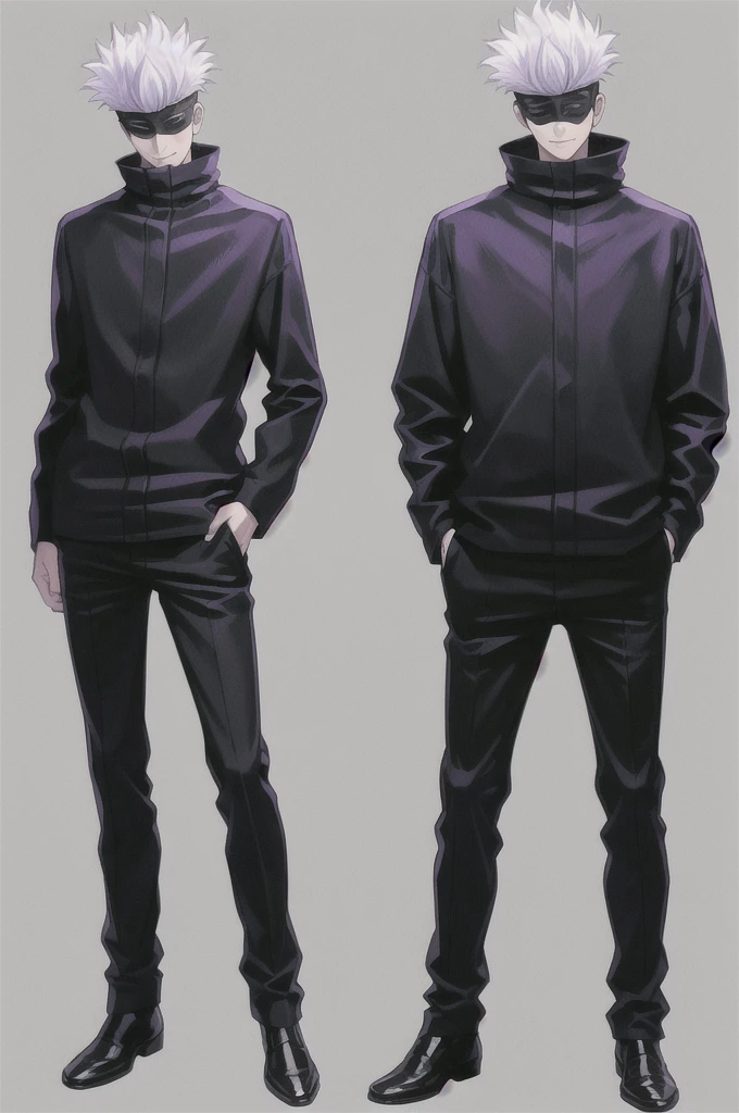 masterpiece, best quality, 1boy, gojou satoru, white hair, short hair, blindfold, black jacket, black pants, ,high collar, long sleeves, shoes, smile, full body, standing, arms on hips, solo, looking at viewer, simple background