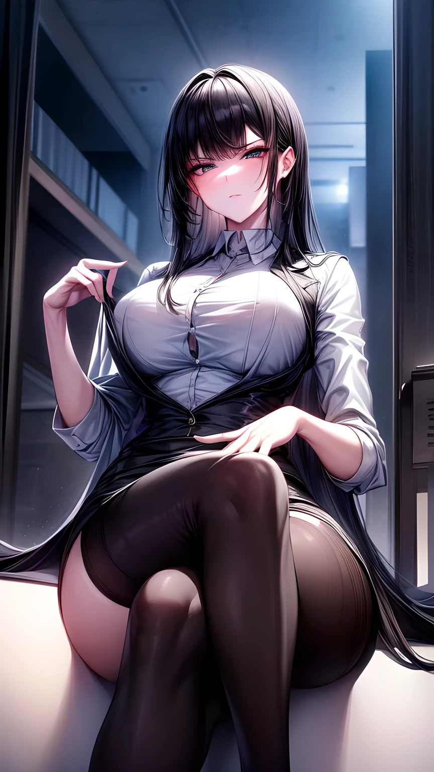 (masterpiece), (best quality), (Perfect face), extremely Delicate skin pores, (Delicate skin:1.2), Art Station, night, Gym, night sky, Cool Girl, Dark business jacket, Dark business dress, High Leg Raise, Black short hair, With a straight face,No Expression, A faint smile, permanent, portrait,Long skirt,Long hair,Black Silk,Sitting。