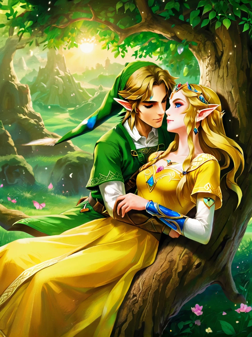 (Best quality，8K，Ultra-high resolution，masterpiece)，Super Fine，illustration，Princess Zelda，Link，Couple，Love，Embrace，(Lying under the World Tree:1.5)，fantasy，(the legend of zelda)，beautiful eyes，Beautiful lips，Super Fine的眼睛和脸，Long eyelashes，Long hair，romantic，close，Warm Lights，Prime Time，color，Fantasy Art，thrilling，epic