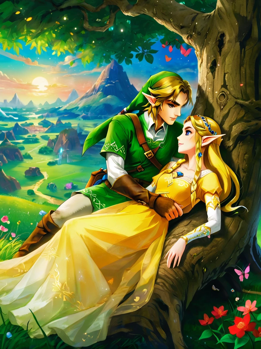 (Best quality，8K，Ultra-high resolution，masterpiece)，Super Fine，illustration，Princess Zelda，Link，Couple，Love，Embrace，(Lying under the World Tree:1.5)，fantasy，(the legend of zelda)，beautiful eyes，Beautiful lips，Super Fine的眼睛和脸，Long eyelashes，Long hair，romantic，close，Warm Lights，Prime Time，color，Fantasy Art，thrilling，epic