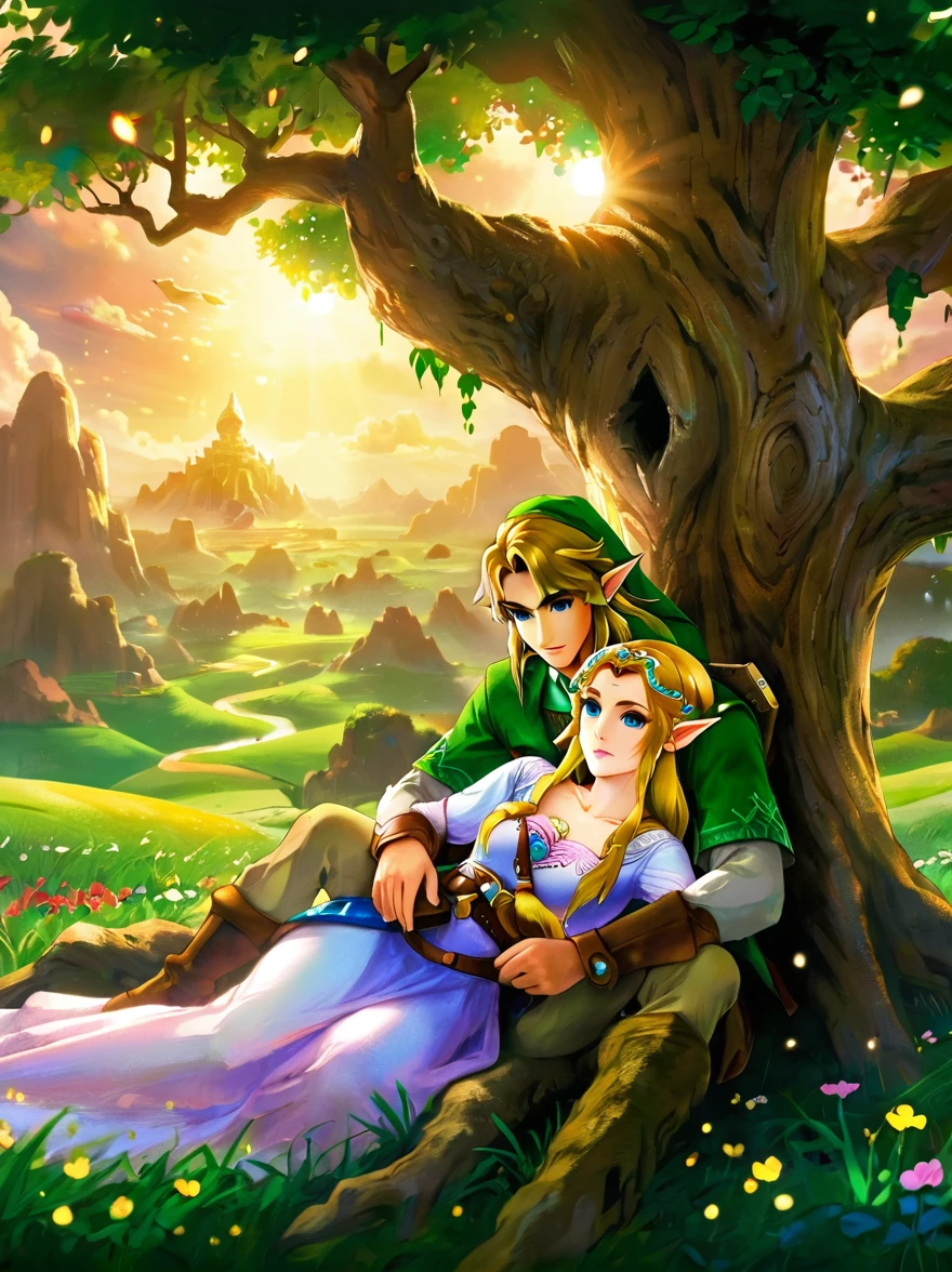 (Best quality，8K，Ultra-high resolution，masterpiece)，Super Fine，illustration，Princess Zelda，Link，Couple，Love，Embrace，(Lying under the World Tree:1.5)，fantasy，(the legend of zelda)，beautiful eyes，Beautiful lips，Super Fine的眼睛和脸，Long eyelashes，Long hair，romantic，close，Warm Lights，Prime Time，color，Fantasy Art，thrilling，epic