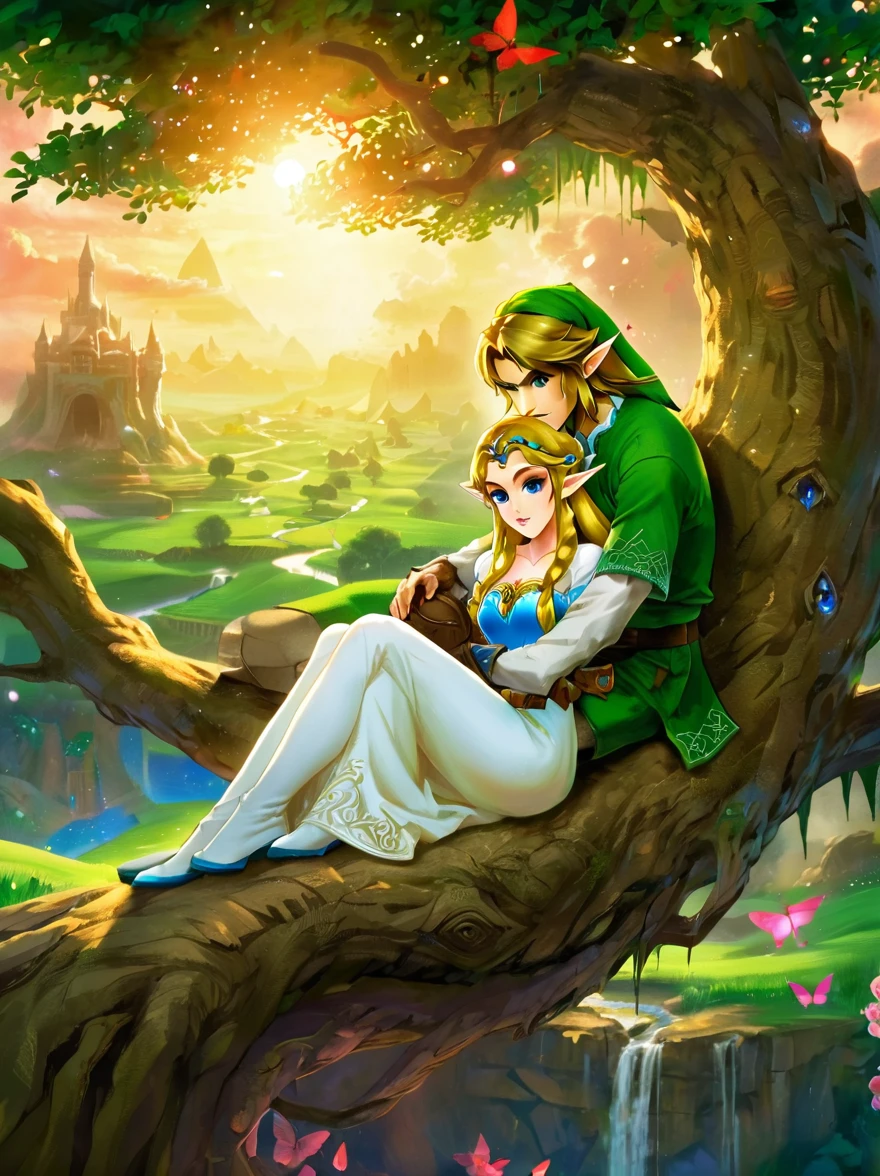 (Best quality，8K，Ultra-high resolution，masterpiece)，Super Fine，illustration，Princess Zelda，Link，Couple，Love，Embrace，(Lying under the World Tree:1.5)，fantasy，(the legend of zelda)，beautiful eyes，Beautiful lips，Super Fine的眼睛和脸，Long eyelashes，Long hair，romantic，close，Warm Lights，Prime Time，color，Fantasy Art，thrilling，epic