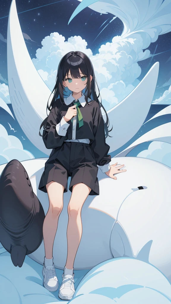 masterpiece, Exquisite detail,Highest quality, One girl, alone, handrail, cloud, Looking up at the buildings,Long Hair, NULL, Long sleeve, Power lines, White footwear, Black Hair, View your viewers, Electric pole, bangs, cloudy NULL, fish, bird, Green Eyes, Shorts, Day, Black Shirt, barefoot,Whale flying in the sky,Giant whale,night,star,milky way,night,Pitch black,Buildings,Sitting