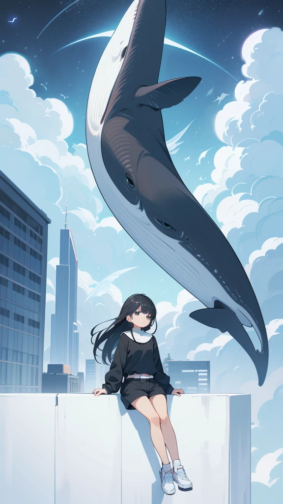 masterpiece, Exquisite detail,Highest quality, One girl, alone, handrail, cloud, Looking up at the buildings,Long Hair, NULL, Long sleeve, Power lines, White footwear, Black Hair, View your viewers, Electric pole, bangs, cloudy NULL, fish, bird, Green Eyes, Shorts, Day, Black Shirt, barefoot,Whale flying in the sky,Giant whale,night,star,milky way,night,Pitch black,Buildings,Sitting
