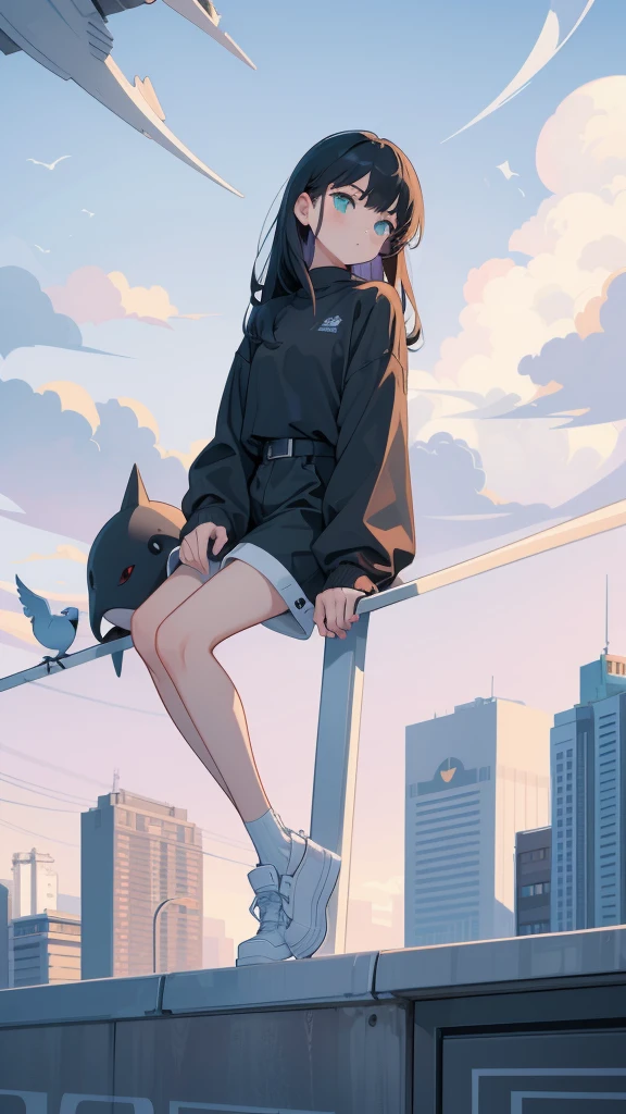 masterpiece, Exquisite detail,Highest quality, One girl, alone, handrail, cloud, Looking up at the buildings,Long Hair, NULL, Long sleeve, Power lines, White footwear, Black Hair, View your viewers, Electric pole, bangs, cloudy NULL, fish, bird, Green Eyes, Shorts, Day, Black Shirt, barefoot,Whale flying in the sky,Giant whale,night,star,milky way,night,Pitch black,Buildings,Sitting