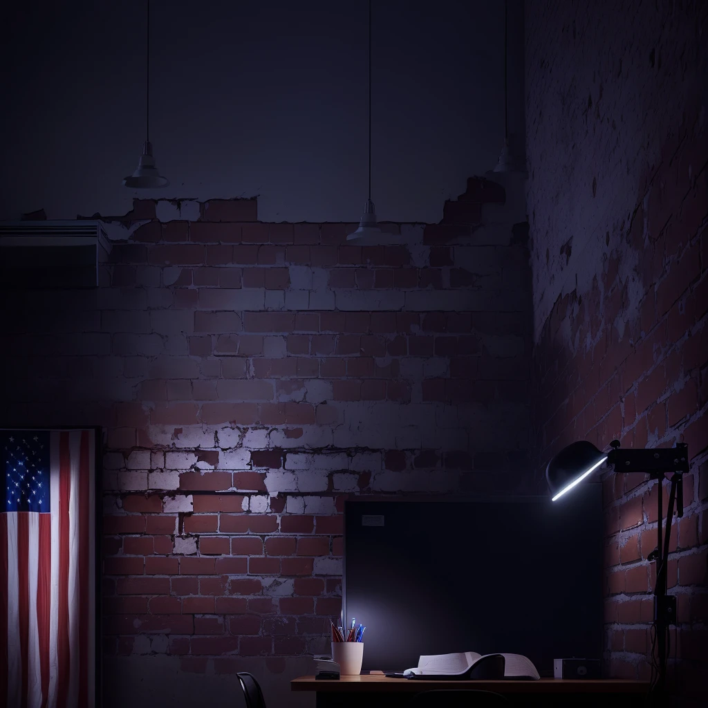 In the office at night，A dimmed American flag hangs next to the table，The background is a brick wall,