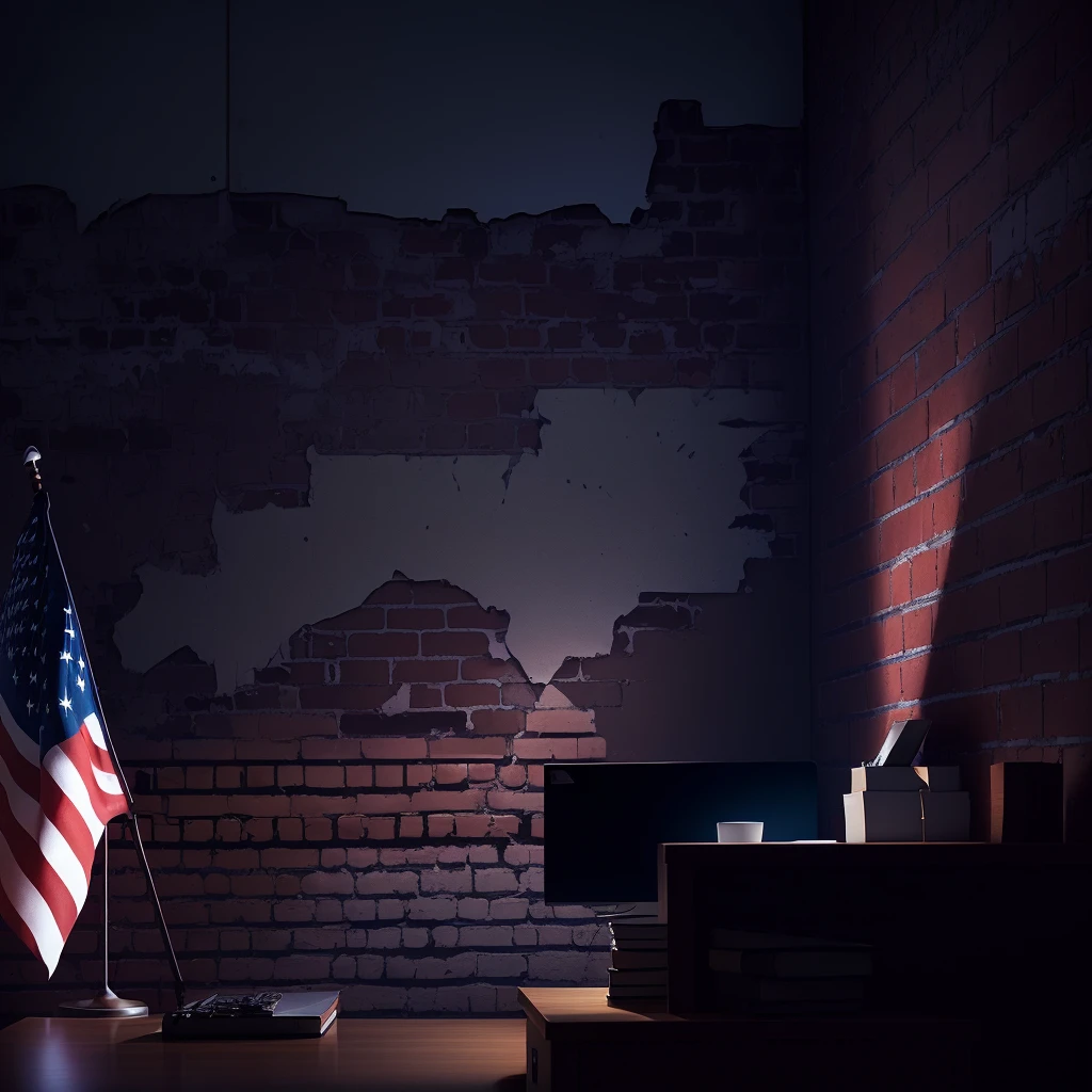 In the office at night，A dimmed American flag hangs next to the table，The background is a brick wall,